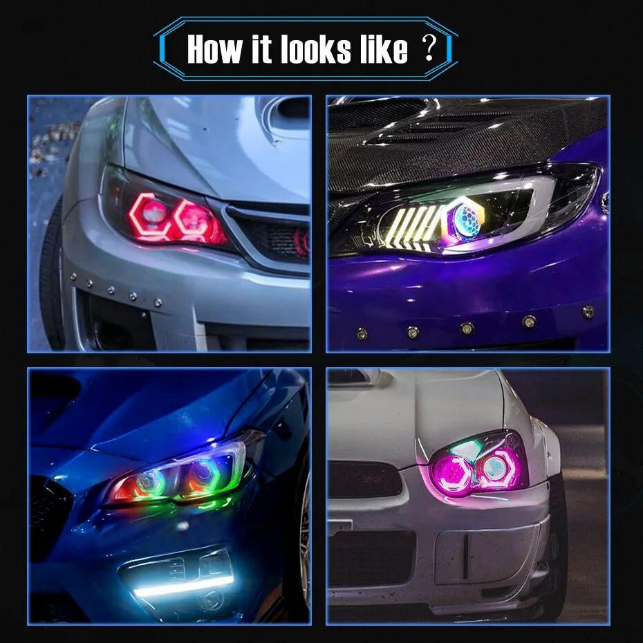 1Set 12V 24V RGB Hexagon Angel Eyes Halo Rings Retrofit Headlight Car Motorcycle Switchback White DRL+Amber Turn Signal Light