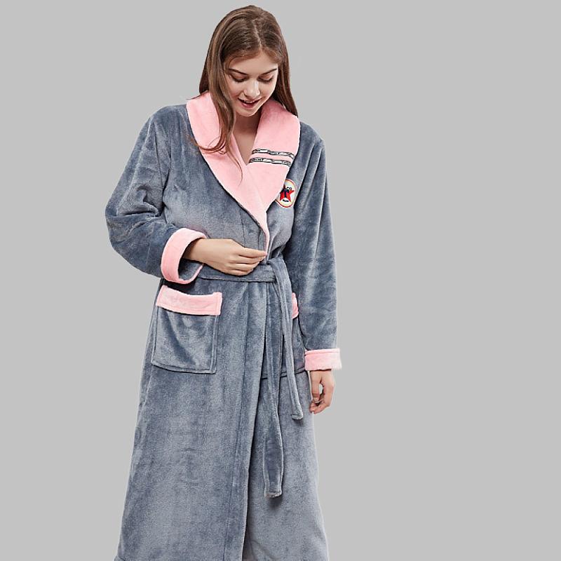 Printed Flannel Pajamas Coral Fleece Nightdress Robes Indoor Homewear Mid Length Bathrobes