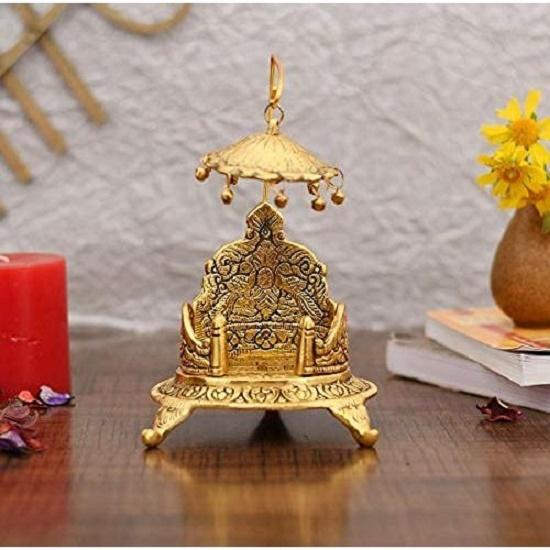 Metal Singhasan Oval Shaped for Ganesha Krishna God Idols - Gold Plated Ladoo Gopal Pooja Chowki for Temple Mandir Puja Idol Decoration Items