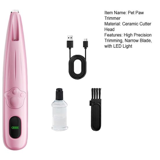 Dog Paw Trimmer with LED Light Low-Noise Pet Paw Trimmer Cordless Electric Pet Grooming Clippers with Battery Indicator for Paws Face Ears Rump