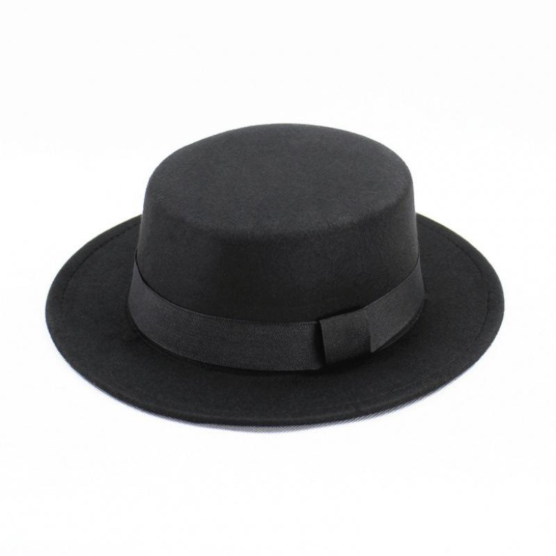 Hat Women's Woolen Top Hat Autumn and Winter Black Retro Gentleman British Style Flat Top Bow Top Hat Felt Hat