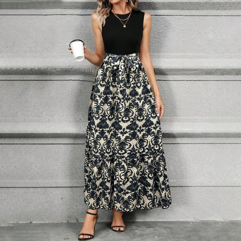 Women's Floral Print High Waist Fashionable And Elegant Sleeveless Dress