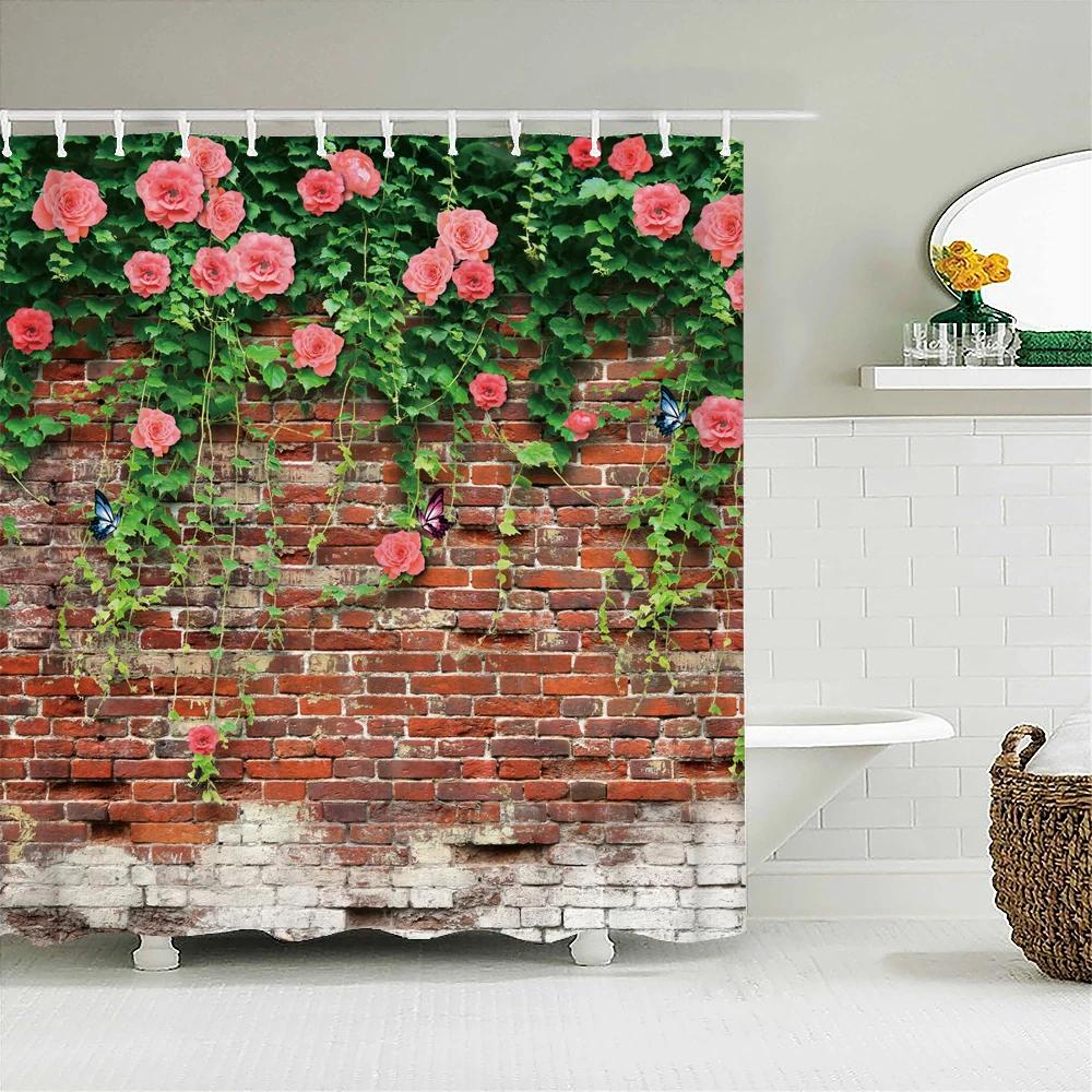 Rural Landscape Fabric Shower Curtain Bathroom Curtains Rock Brick Wall Plant Flowers Waterproof Decor Bath Screen With Hook