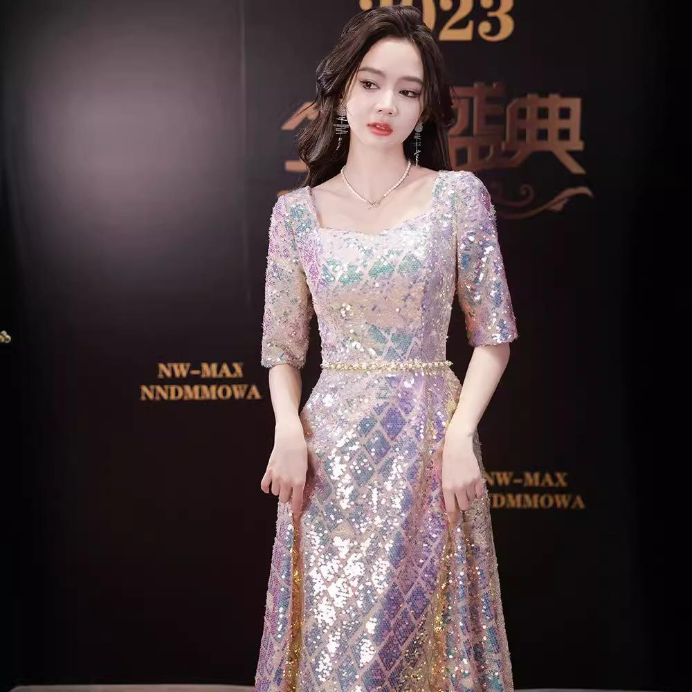 Style Atmospheric Banquet Evening Dress Dress Women's 1011 New Temperament Celebrity Sequins Light Luxury Niche Host Sense