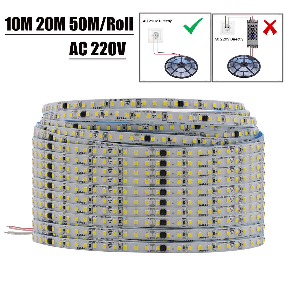 

10M 20M 50M/Roll AC 220V 240V LED Strip NO Need Driver IP44 3000K 4000K 6000K 2835 120Leds/M Flexible Ribbon Rope Tape Light 5M теплый белый