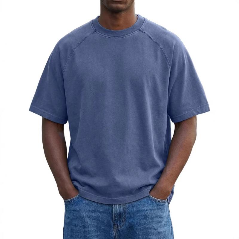 Herren Schwarzes gewaschenes Rundhals-T-Shirt Lockere Passform Kurzarm Lässiges einfarbiges Oberteil