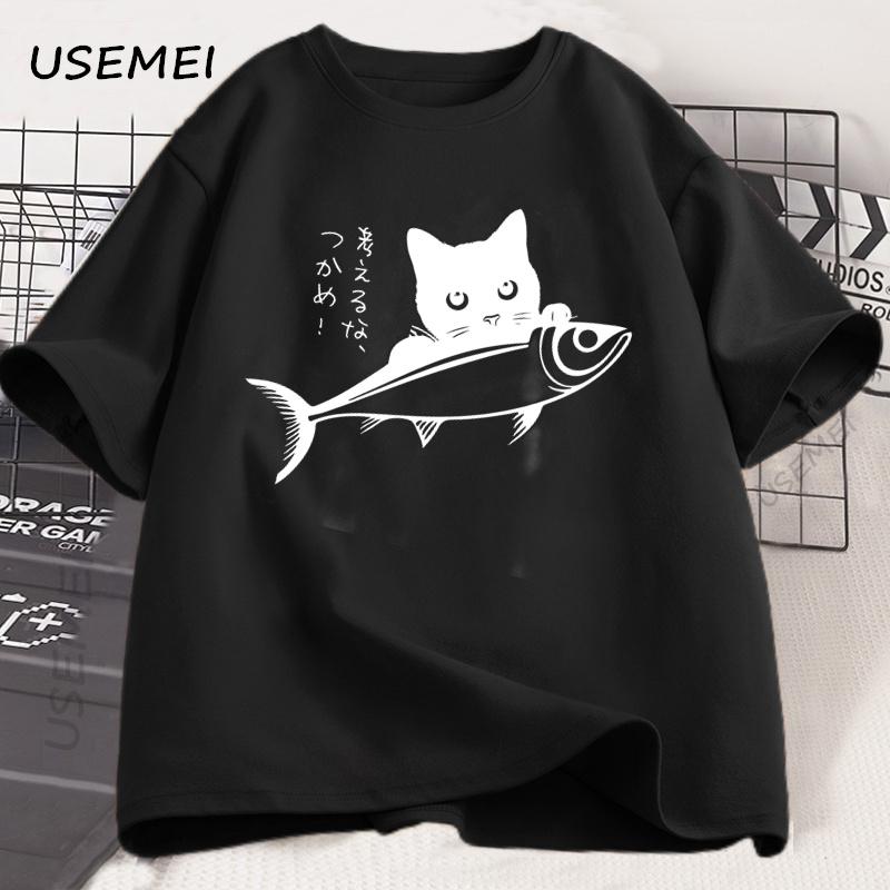 Black Cat T Shirt Men Women Cat Lover Tshirt Japanese Streetwear Fish T-Shirt Funny Kawaii Cat Owner Tshirt Cotton Short Sleeve