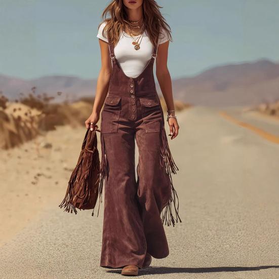 Cargo Jumpsuit Sleeveless Wide Leg Cargo Jumpsuit Adjustable Straps Front Button Closure Edge Details