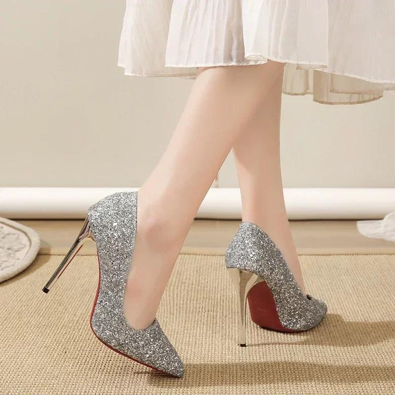 Design Sapatos Mulheres Saltos Finos Mulheres Bombas Bico Fino Luxo Brilhante Lantejoulas Couro Mulheres Stiletto Casamento Sapatos de Princesa 35-45