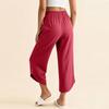 Women Casual Elastic Waist Drawstring Pants with Pockets Side Button Detail Relaxed Fit Cropped Trousers for Everyday Wear