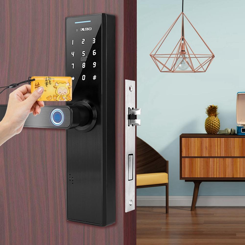 Electronic Smart Fingerprint Password Card Double Tongue Door Lock Touch Screen with Key(Black)