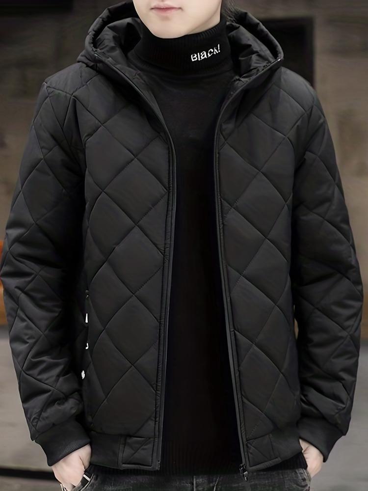 Men's Warm Quilted Hooded Jacket, Plush Winter Zip-Up Outerwear for Fall/Winter Outdoor Activities