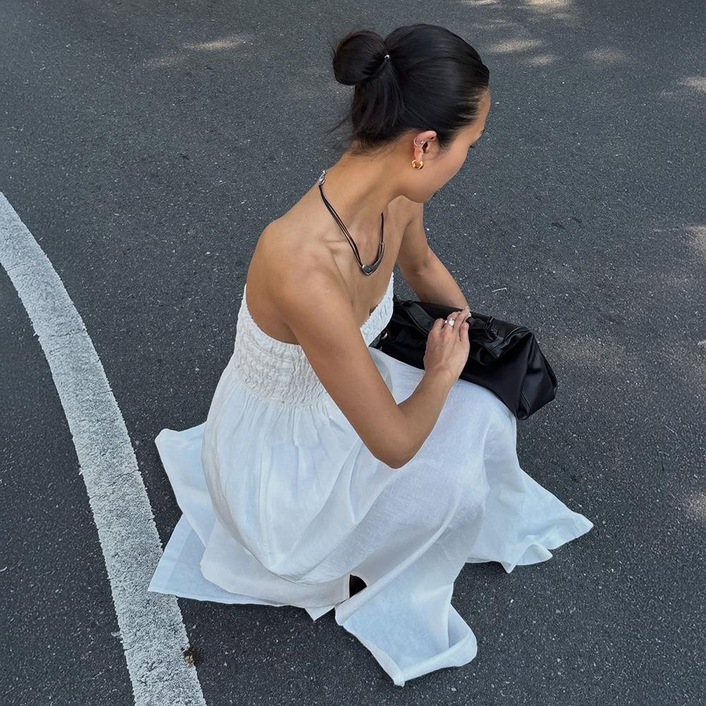 tube top dress European and American summer new holiday off-the-shoulder pleated high-waisted long dress