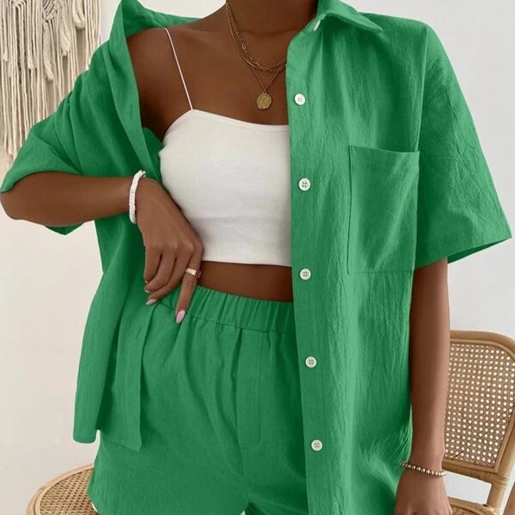 Women's Suit Short Sleeve Casual Elegant Green Soild Two Piece Set Women Outfit Shirt for Women