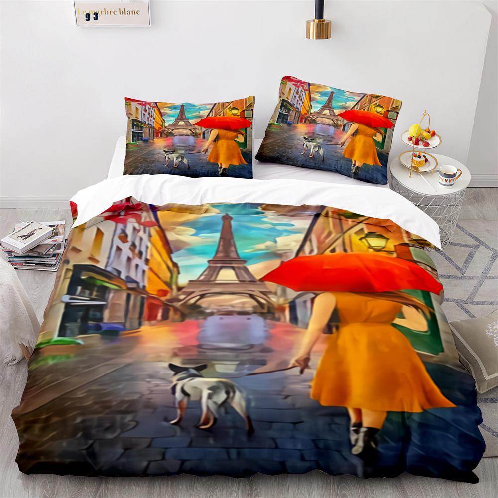 Paris Eiffel Tower Themed Couple Duvet Cover Set Cityscape Comforter Cover Romantic Polyester Bedspread Cover Pink Floral King