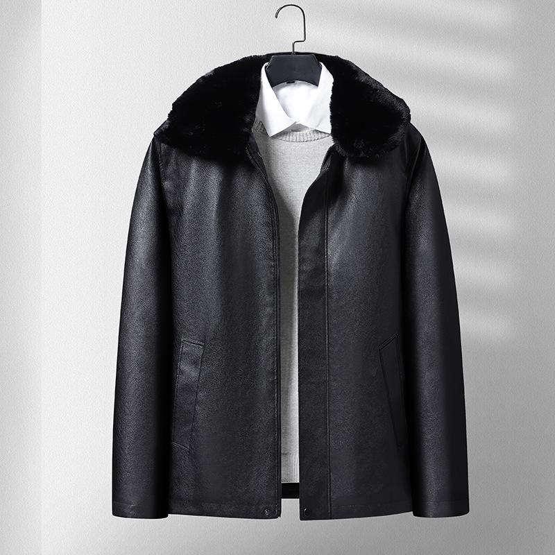Winter new PU leather jacket men's winter velvet thickened gold mink lapel jacket middle-aged and elderly business