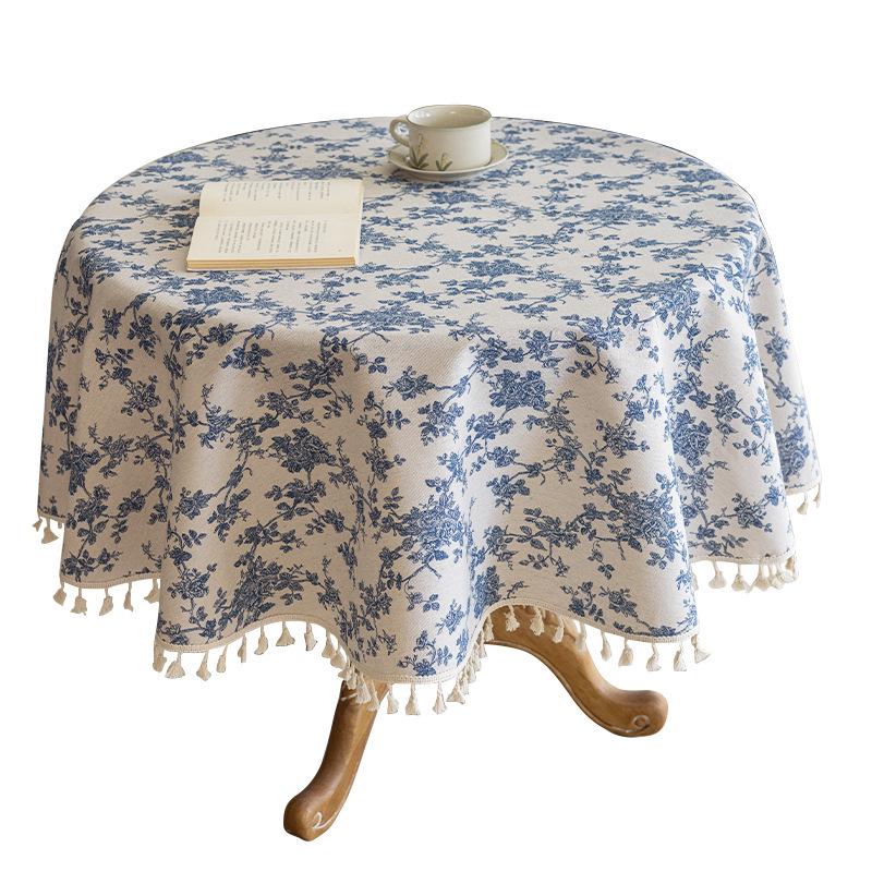 Nordic Cotton Linen Round Tablecloth - Advanced Blue Floral Design, Retro Pastoral Style for Dining and Photo Backgrounds