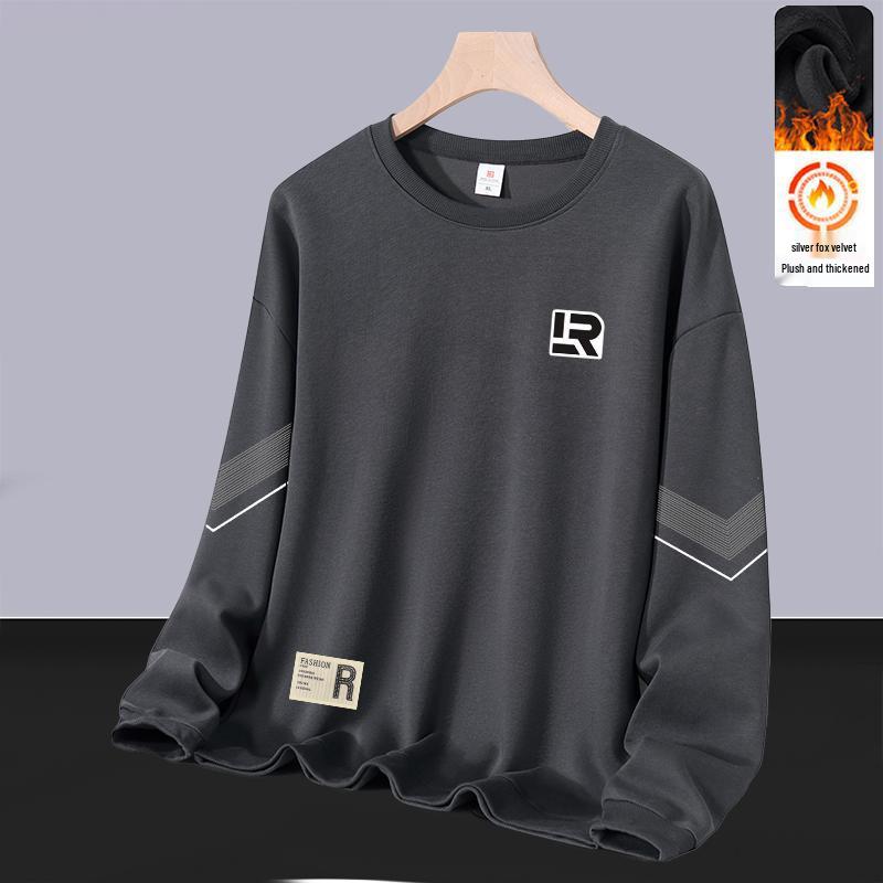 Men's Trendy Round Neck Hoodie: Autumn/Winter Loose Fit with Velvet, Long Sleeves, Versatile Casual Pullover