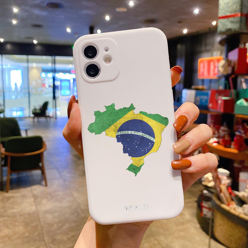 Brasilien Flagge Fußball Luxus Quadratisch Flüssigsilikon Handyhülle Für iPhone 14 11 12 13 Pro Max Mini X XS XR 7 8 Plus SE2 DIY Hülle