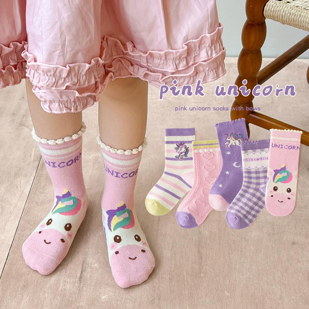 5 Paar Kinder Socken Herbst Baumwollsocken Mädchen Mid-Calf Socken Lila Einhorn Cartoon Socken Mädchen Niedliche Muster Socken