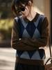 Women's 2025 Autumn/Winter Retro Argyle Patchwork Polo Collar Knitted Sweater - Loose Casual Fit