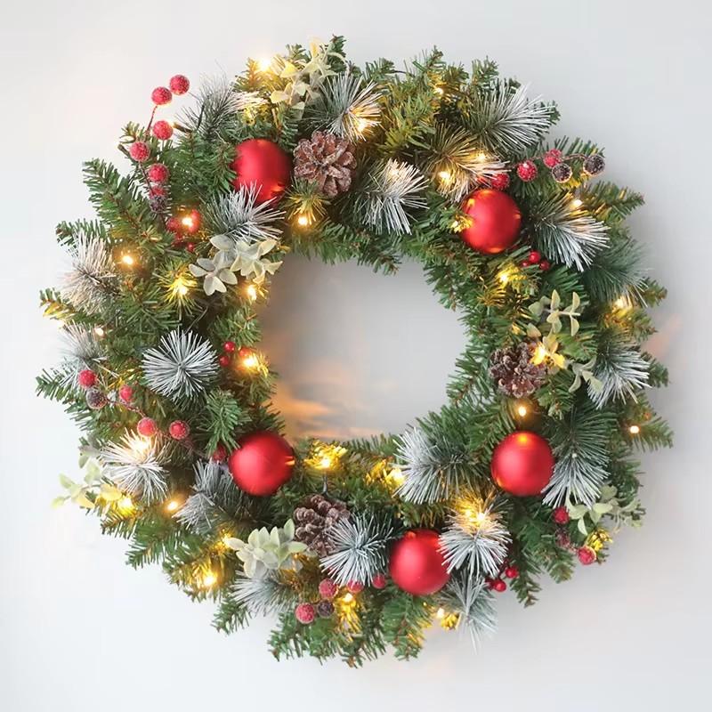 LED Red Christmas Wreath with PVC Fruit, Elegant Holiday Decor for Window Door Wall, Indoor Home Halloween Gift Decoration