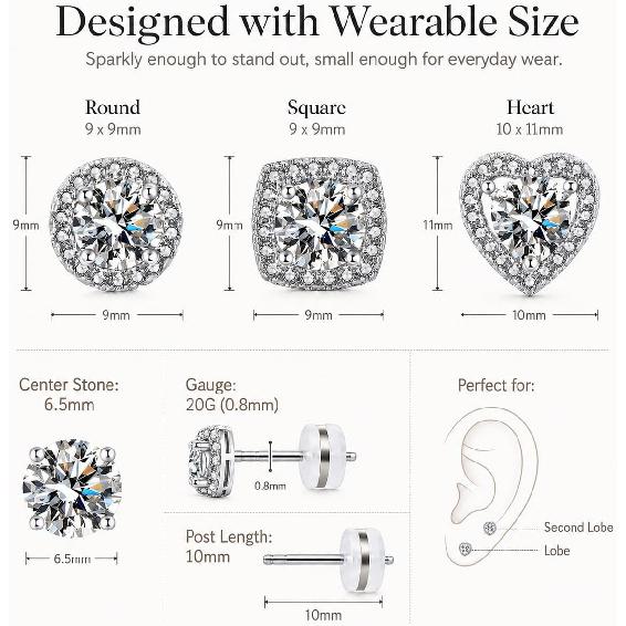 3 Pairs Cubic Zirconia Stud Earrings 925 Sterling Silver Earrings For Women | Hypoallergenic Halo Stud Earrings 14K Gold Plated Heart Round Square