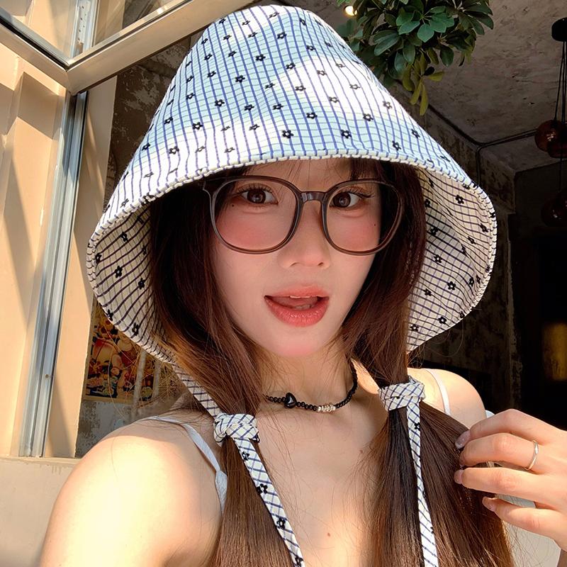 Simple Plaid Floral Fisherman Hat for Women, French-style Large Brim Sun Hat for Spring and Summer, Outdoor Face-shading Sun Protection Bucket Hat