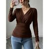 Women White Deep V Cross Front Waist Ruched Slim Long Sleeve Fitted Basic Top