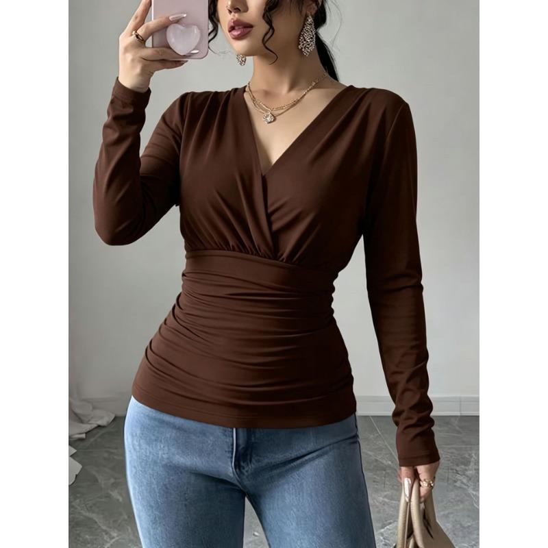 Women White Deep V Cross Front Waist Ruched Slim Long Sleeve Fitted Basic Top