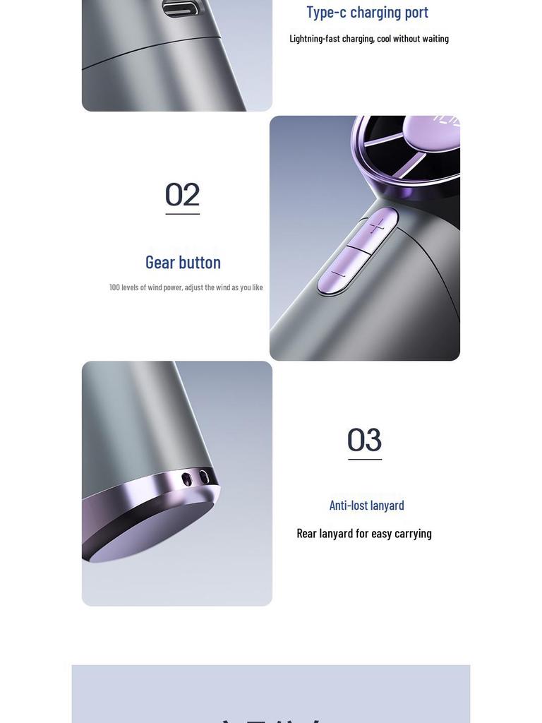 100-Speed USB Rechargeable Bladeless Handheld Fan with Stepless Control