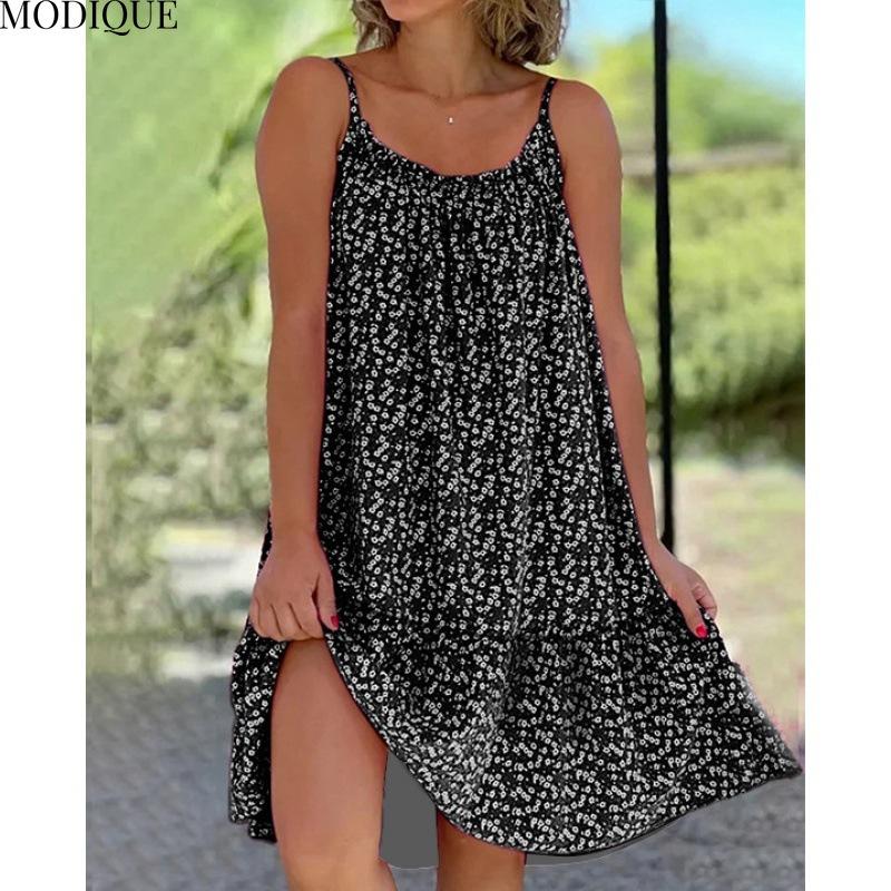 MODIQUE 2025 Summer Plus Size New Women's Loose Casual Hot Floral Halter Long Dress Ladies Folk Multiple Colors O-Neck Dress