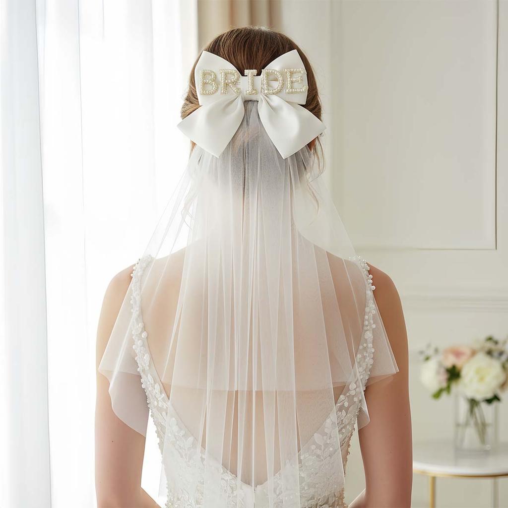 White Bow Bridal Veil, Bride Veils Hair Decorations for Women Wedding Bridal Shower Bachelorette Party