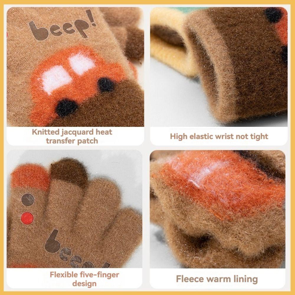 Warm Plush Five-finger Gloves Elastic Kids Gloves Cartoon Car Winter Knitted Gloves  Autumn Winter