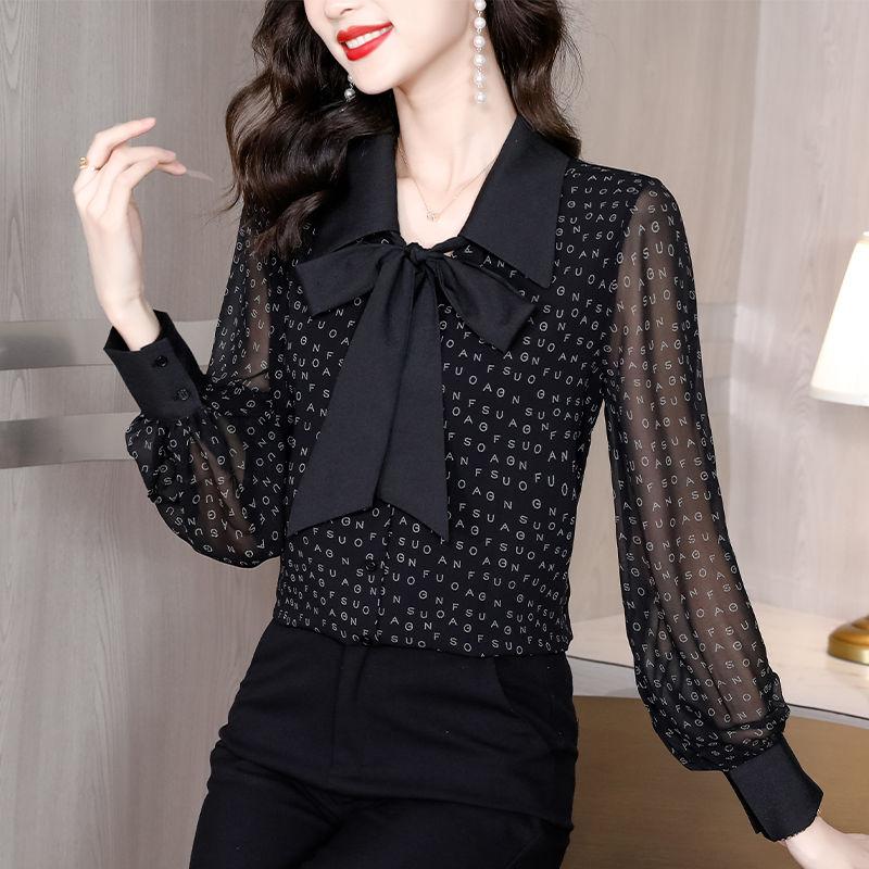 Chiffon Shirt Women's New Top Long-sleeved Shirt Floral Print Tie Neck Blouse  For Spring Fall Women's Clothing Perfect for Casual & Formal Occasions