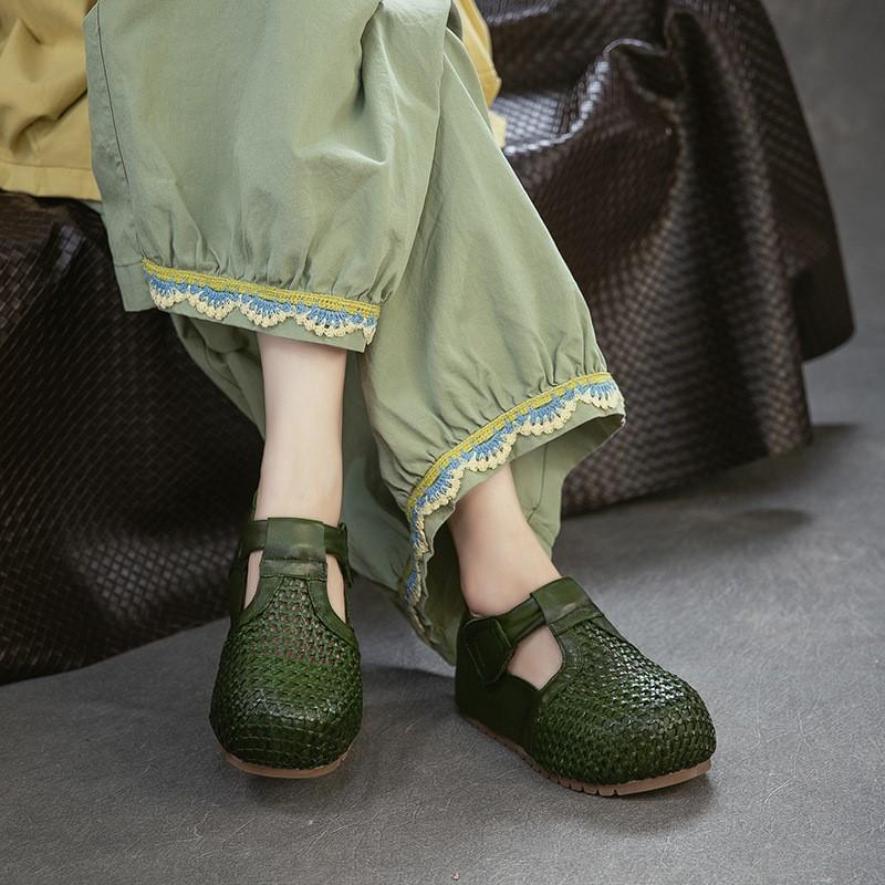 Johnature Genuine Leather Retro Woven Hollowed Out Height Increasing Sandals Comfortable Women's Shoes
