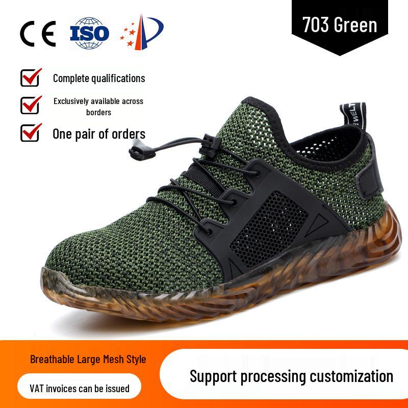 Men's Fly-Knit Safety Shoes: Anti-Smash, Anti-Puncture, Breathable, Lightweight, Comfortable, Wear-Resistant with Soft Sole and Button Closure.