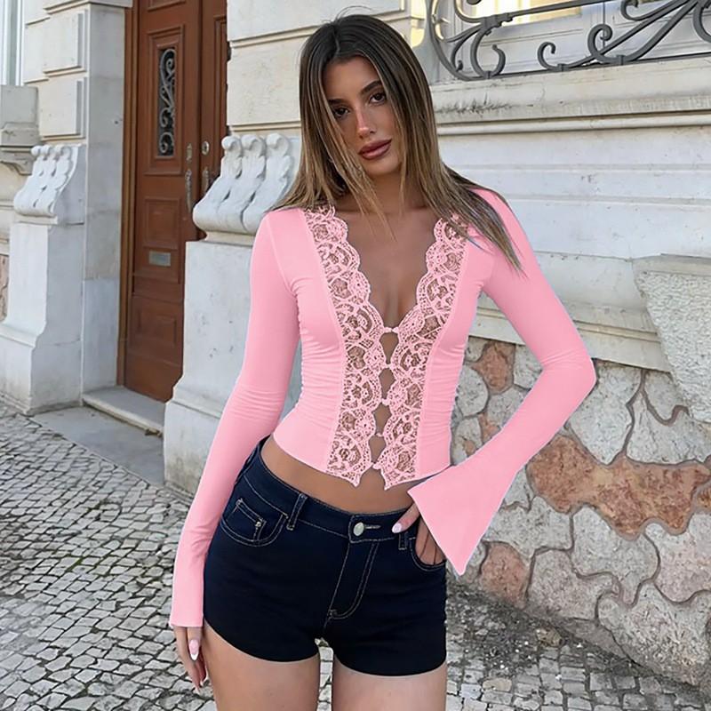 Womens Fall Long Sleeve Top Sexy Lace Trim Slim Fit Solid Color V Neck Casual Daily Wear