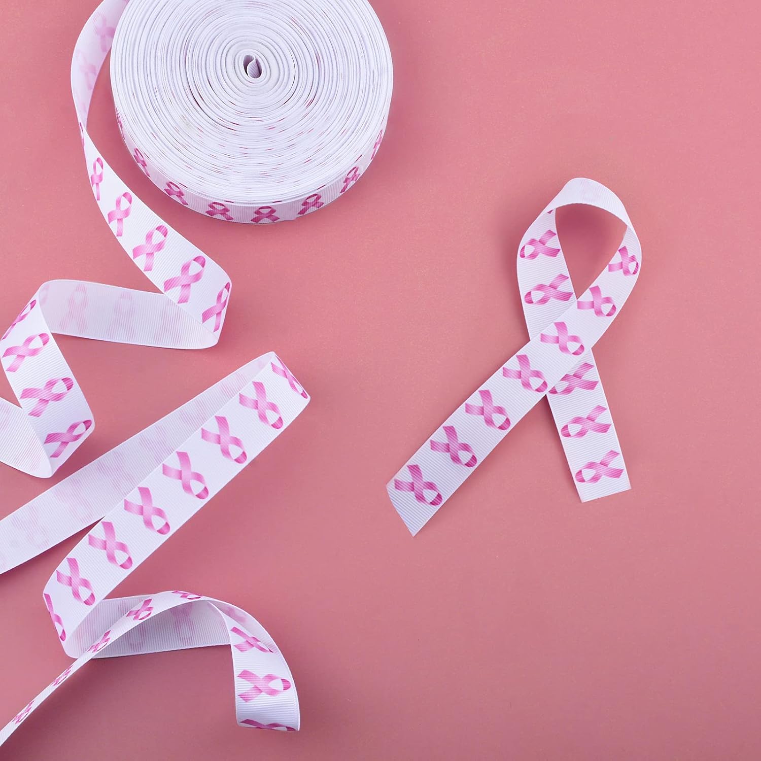 WANDIC Бело-розовая лента осведомленности о раке груди, 50 ярдов 25 мм полиэстеровая гросгрейновая розовая лента для украшения тортов на день рождения, DIY шнурки, банты