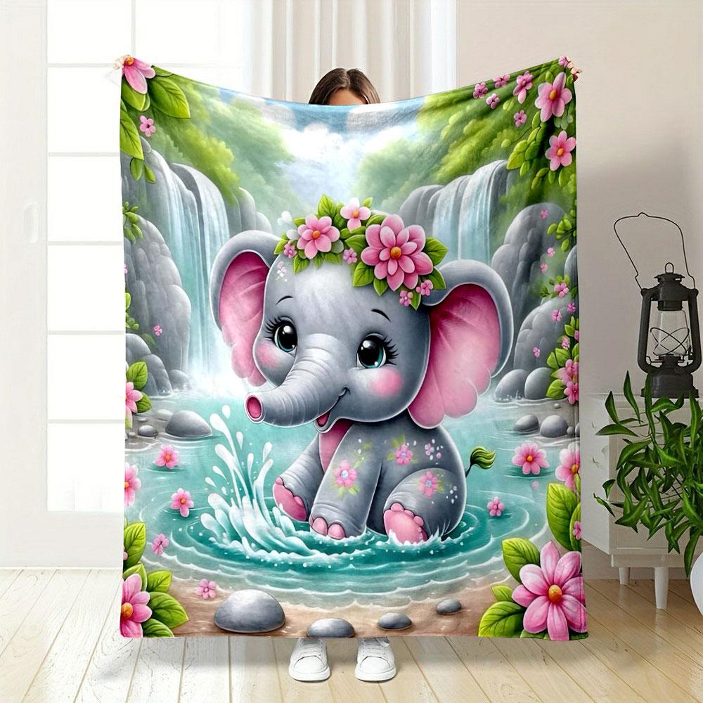 Cute Elephant with Floral Waterfall Background Print Blanket Soft and Cozy Perfect for the Living Room Bed Sofa or a Nap,gift