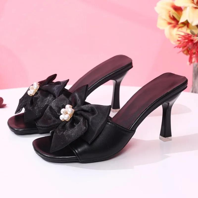Women's Slippers 2025 New Plus Size Modern Fashion Dress Ladies Shoes Fashion Women Square Toe Thin Heels Bow Tie Pearl Sandals