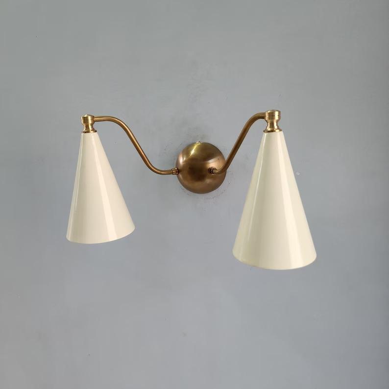 Double Cone Brass Wall Sconce: Mid-Century Modern Light with Ivory Shades