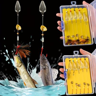 Ensemble de leurres de pêche multicolores - Kit de cuillères à paillettes pré-nouées avec mouches pour bar d'eau douce, perche, truite - Comprend une aide au lancer, des hameçons à mouche - 5 pièces