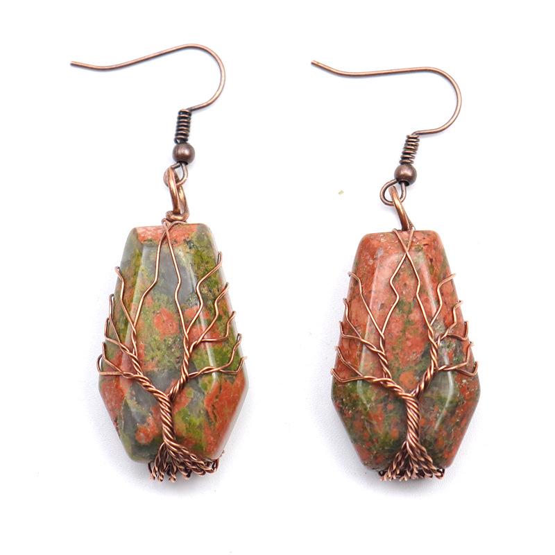 Handmade Agate Coffin Board Tree of Life Earrings - Natural Stone Crystal Dangle for Wealth and Harmony.
