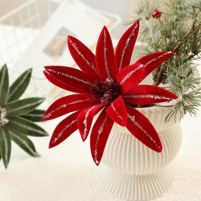 Neue 15 cm künstliche Weihnachtssternblume Beflockter Stoffband Weihnachtsblume Simulationsblumen Weihnachtsdekoration