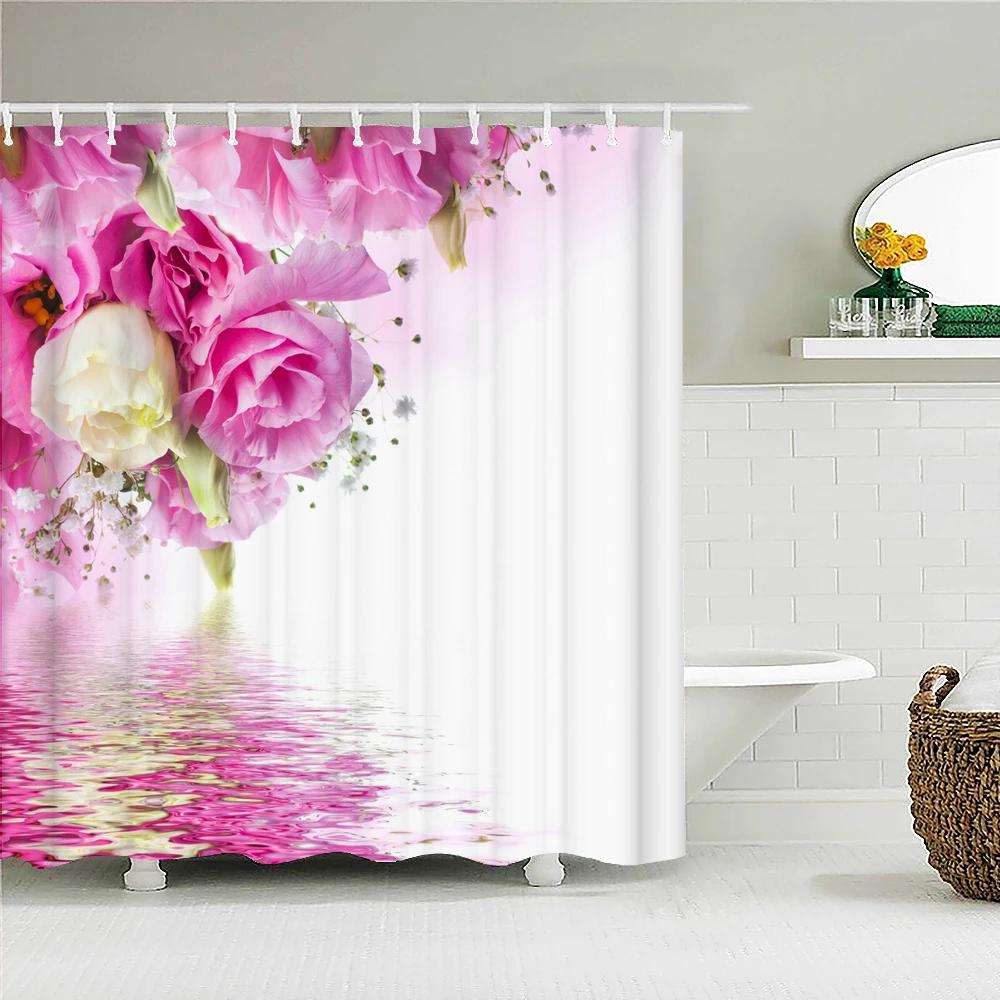 Romantic Retro Blooming Flowers Shower Curtain Garden Bath Curtains Waterproof Polyester Bathroom Shower Curtains Set with Hooks