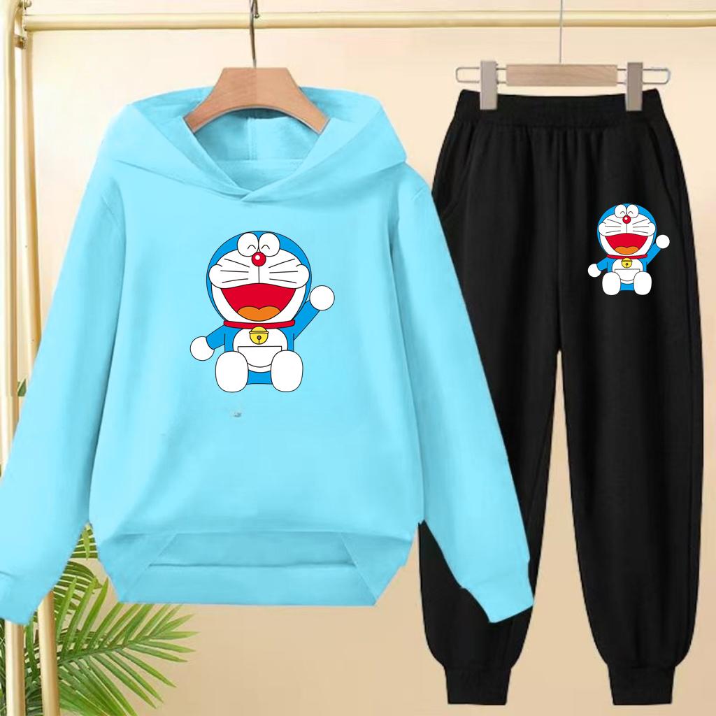 Doraemon Winter Warm Children's Hoodie Set, Casual Sporty Hooded Long Shirt and Long Pants Suitable for Boys Girls Aged 3 To 12