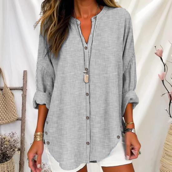 Women Casual Shirt V-neck Long Sleeve Vertical Striped Print Shirt Single Breasted Loose Fit Shirt Tops Streetwear