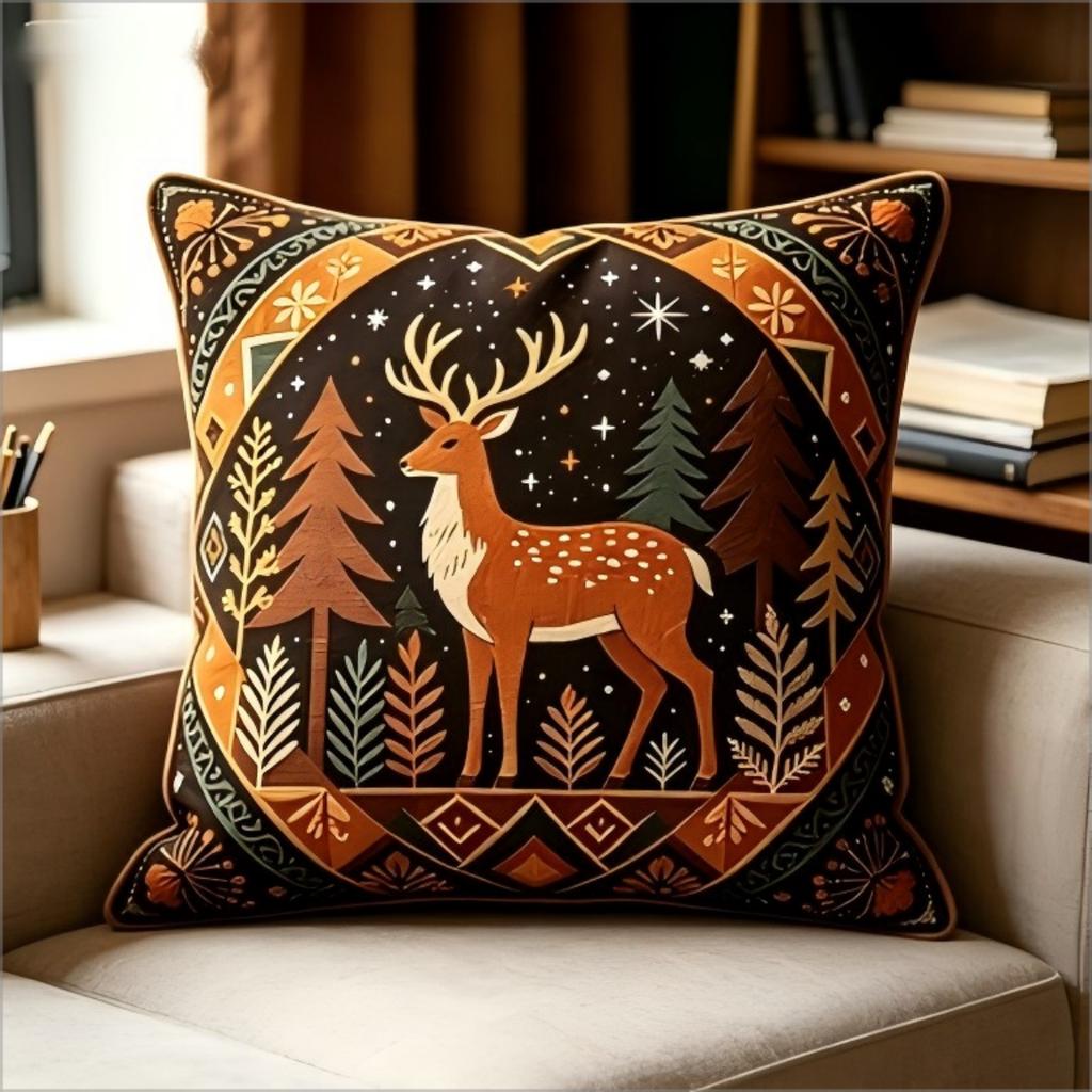 Doppelseitige Kissenhülle Premium Karamellbrauner Stoff Stilvolles Rentier-Tannenbaum-Design Für Sofa Heimdekoration