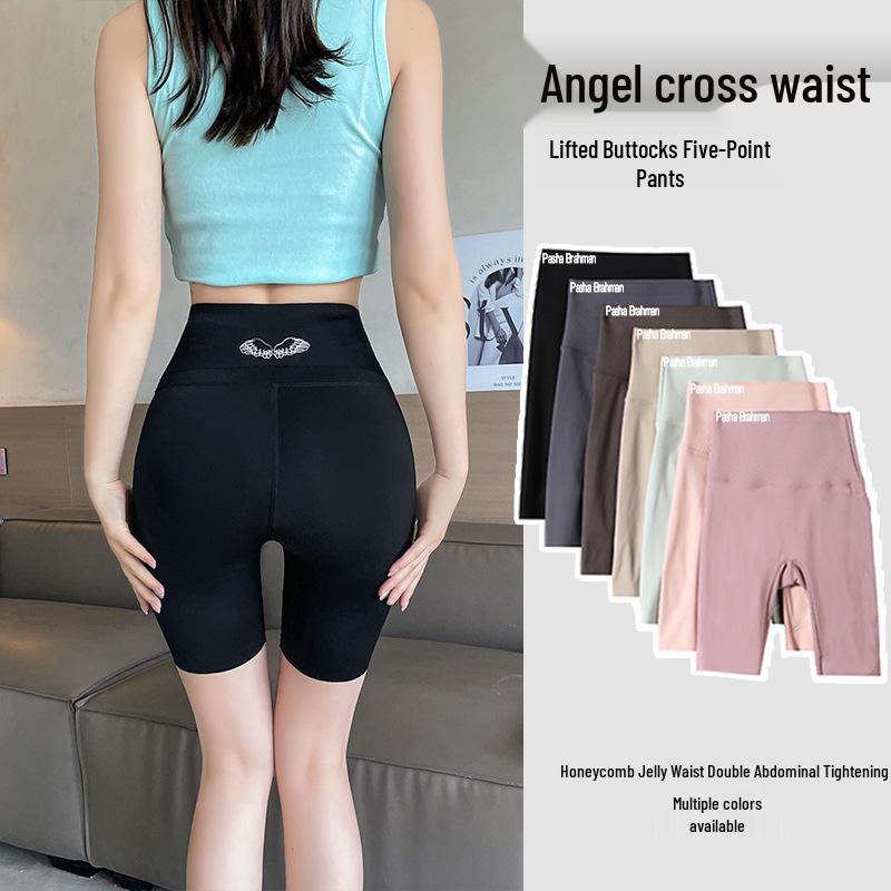 

Summer Black-Gold High-Waist Tummy-Control Slimming Yoga Shorts for Sports M [80-100 lbs]